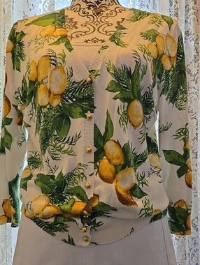Talbots Lemon Print Cardigan Top in White, Yellow & Green
